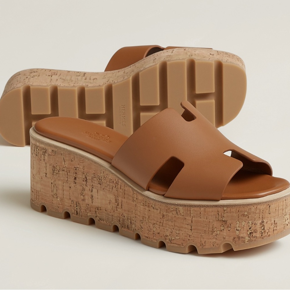 NEW HERMÈS Naturel Calfskin Leather Eze 30 Platform Sandals